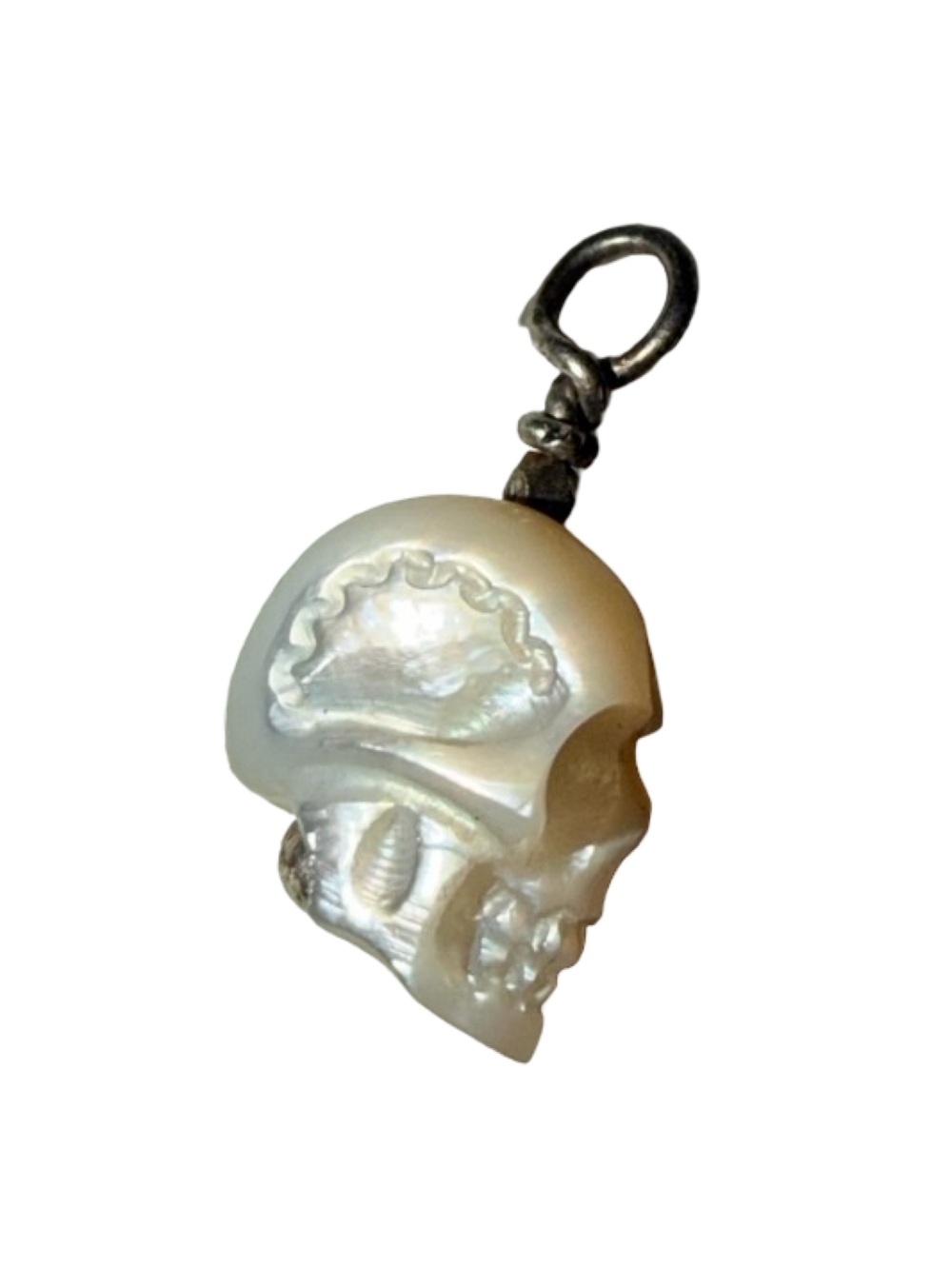 Cultured Pearl Carved Skull Charm .925 Pendant - Iridescent White